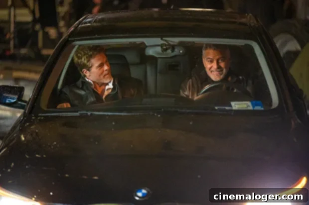 Brad Pitt and George Clooney Rock Matching Black Leather Jackets on Film Set 2 Brad Pitt and George Clooney on movie set for Wolves