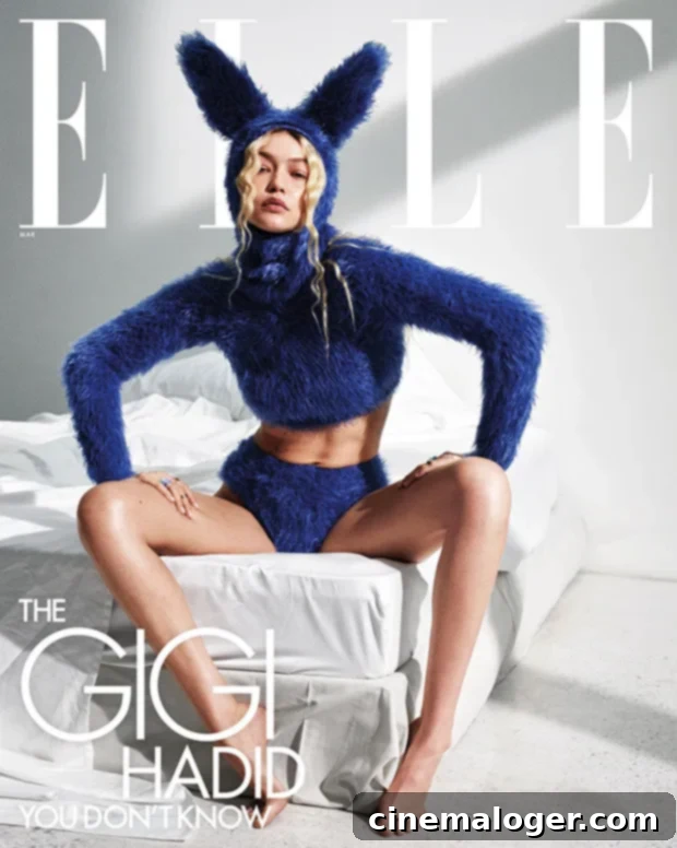 Gigi Hadid Flaunts Fierce Style on New Elle Cover 4 Gigi Hadid wearing a sheer crochet bodysuit for Elle magazine photoshoot