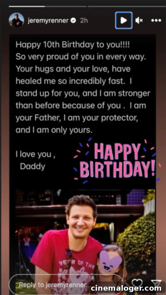 Jeremy Renner Credits Daughter Ava's 10th Birthday with His Swift Healing 2 Jeremy Renner embracing his daughter Ava on her 10th birthday, shared on Instagram, crediting her love for his recovery.