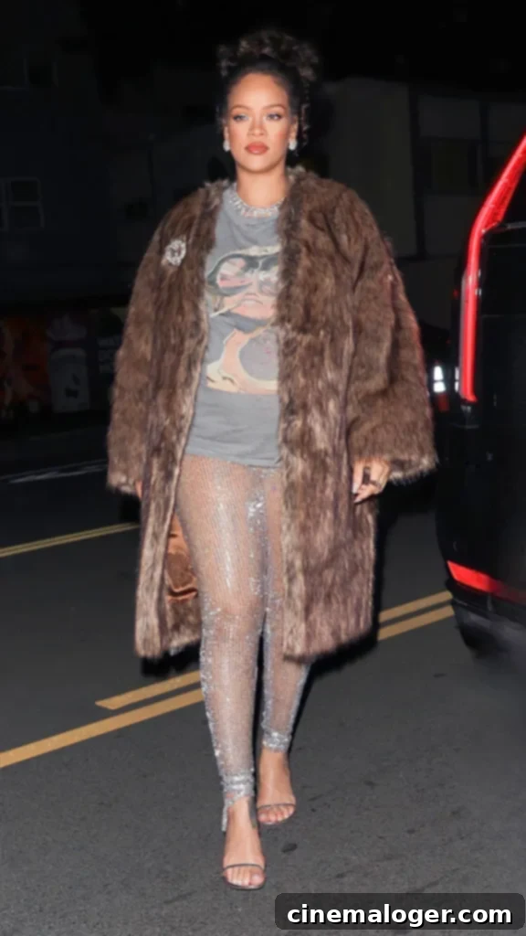 Rihanna's Bold Maternity Look: Sheer Sequins for Dinner Before Baby No. 2 Arrives 2 Rihanna pregnant dinner style in sequined pants and fur coat