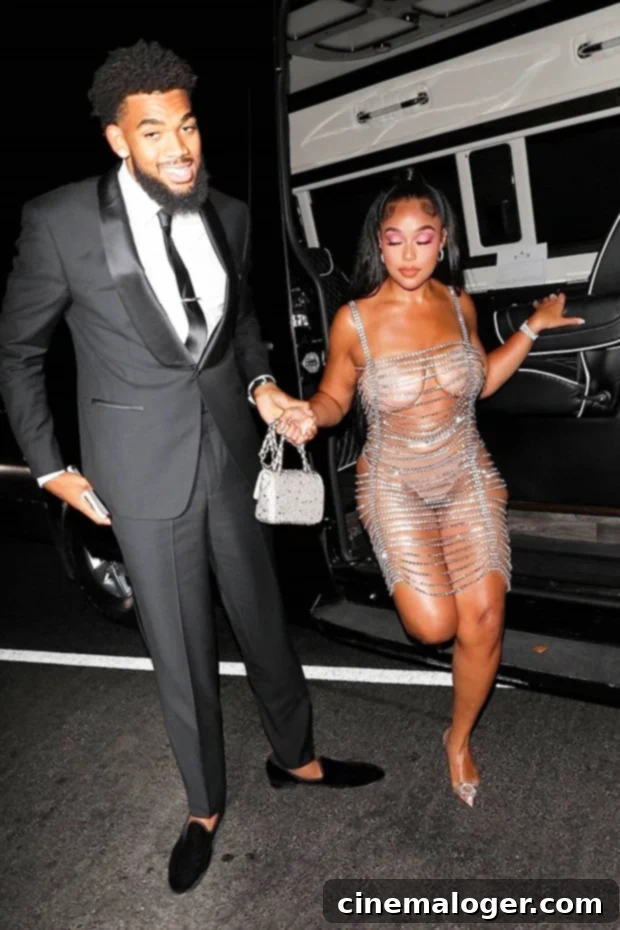 Jordyn Woods Stuns In Monokini, Shares Steamy PDA With Karl-Anthony Towns In Mykonos 2 Jordyn Woods and Karl-Anthony Towns enjoying a previous night out together, showcasing their strong bond and stylish presence as a celebrity couple.