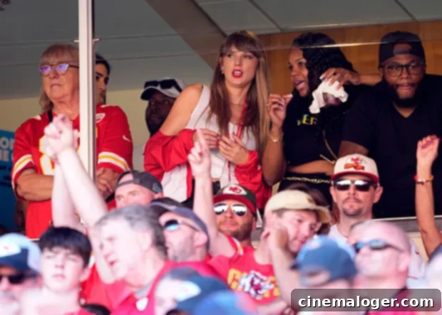 Taylor Swift attending a Kansas City Chiefs game, an image that went viral amid her rumored romance with Travis Kelce.