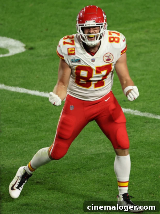 Kelce Prioritizes Game, Skips Swift's Eras Tour Premiere 3 Travis Kelce in action during a Super Bowl game, embodying the commitment required to excel in the NFL, a commitment that led him to miss Taylor Swift's premiere.