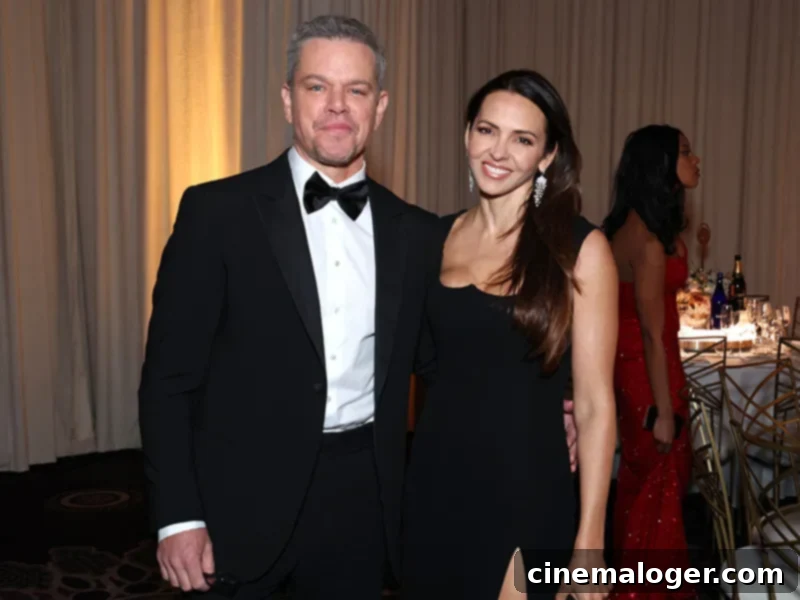 Matt Damon's Silver Style Shines Bright at the 2024 Golden Globes 2 Matt Damon and Luciana Barroso at the Golden Globes