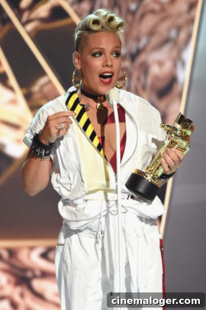 The Video Vanguard Pantheon All MTV VMA Honorees 24 INGLEWOOD, CA - AUGUST 27: Pink accepts the Michael Jackson Video Vanguard Award onstage during the 2017 MTV Video Music Awards at The Forum on August 27, 2017 in Inglewood, California. (Photo by Joshua Blanchard/MTV1617/Getty Images for MTV)