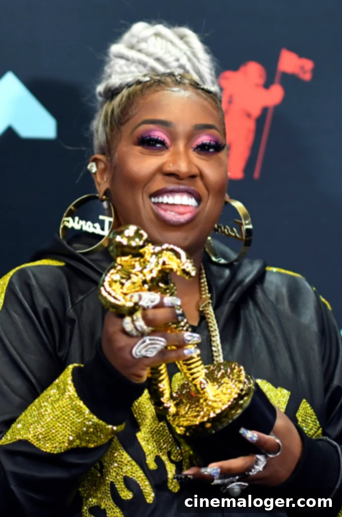The Video Vanguard Pantheon All MTV VMA Honorees 26 US rapper Missy Elliott poses in the press room with 'The Video Vanguard Award' during the 2019 MTV Video Music Awards at the Prudential Center in Newark, New Jersey on August 26, 2019. (Photo by Johannes EISELE / AFP) (Photo credit should read JOHANNES EISELE/AFP via Getty Images)