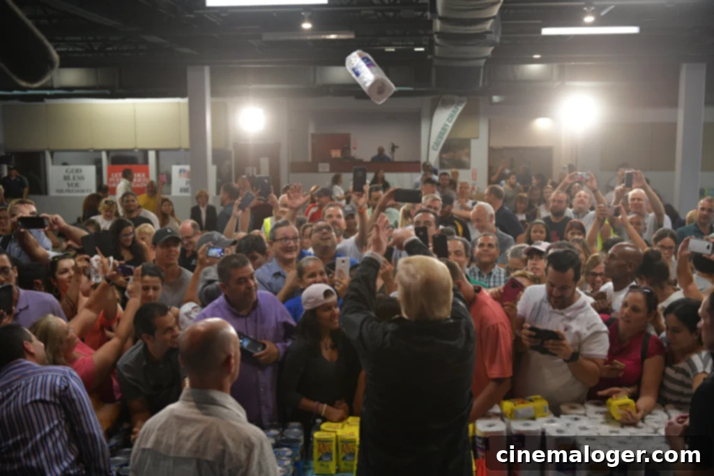 Unpacking Trump's Puerto Rico Remarks 3 US President Donald Trump takes part in a food and suplly distribution at the Cavalry Chapel in Guaynabo, Puerto Rico on October 3, 2017.Nearly two weeks after Hurricane Maria thrashed through the US territory, much of the islands remains short of food and without access to power or drinking water. / AFP PHOTO / MANDEL NGAN (Photo credit should read MANDEL NGAN/AFP via Getty Images)