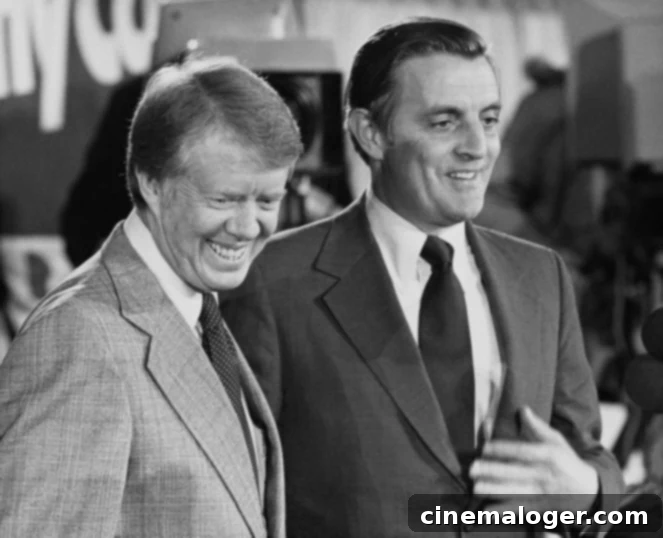 Jimmy Carters Vice President Revealed 2 American politician and President-elect Jimmy Carter and American politician and Vice President-elect Walter Mondale (1928-2021) all smiles as they attend a post-election press conference in Plains, Georgia, 4th November 1976. Carter and Mondale are to address a nationwide television and radio audience following their victory in the 1976 United States presidential election. (Photo by Pictorial Parade/Archive Photos/Getty Images)