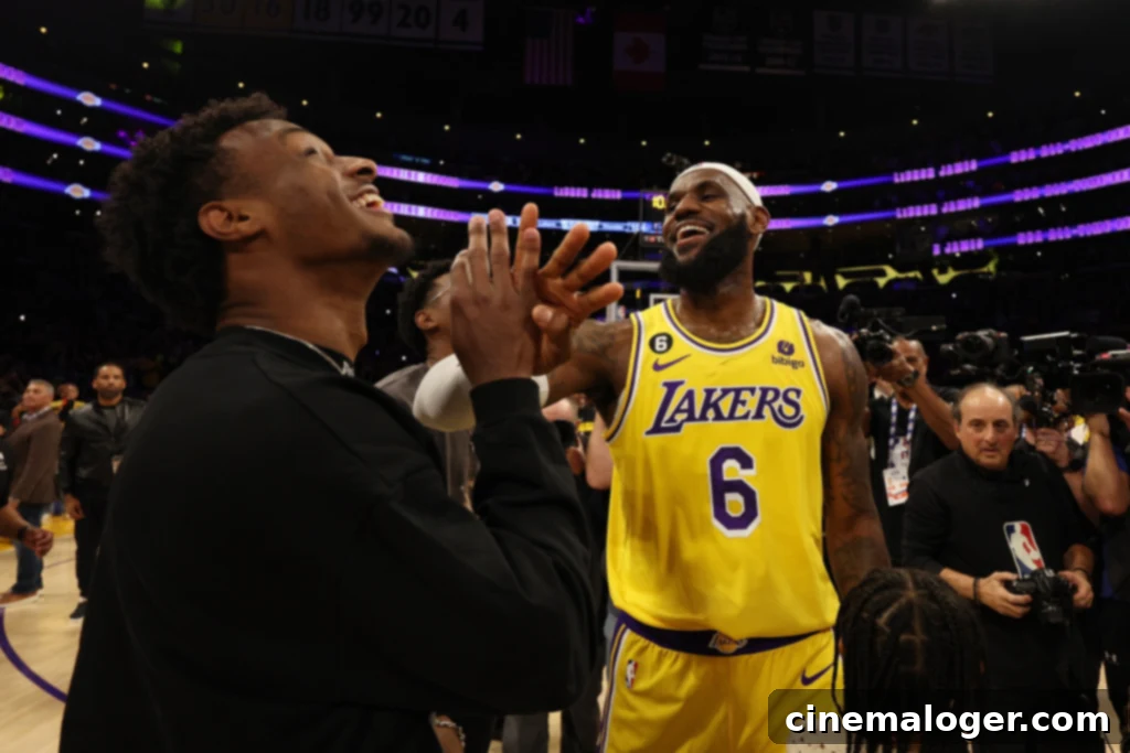 LeBron James Net Worth Unpacking His Massive Earnings And Current Salary 2 LOS ANGELES, CALIFORNIA - FEBRUARY 07: LeBron James #6 of the Los Angeles Lakers reacts with Bronny James after scoring to pass Kareem Abdul-Jabbar to become the NBA's all-time leading scorer, surpassing Abdul-Jabbar's career total of 38,387 points against the Oklahoma City Thunder at Crypto.com Arena on February 07, 2023 in Los Angeles, California. NOTE TO USER: User expressly acknowledges and agrees that, by downloading and or using this photograph, User is consenting to the terms and conditions of the Getty Images License Agreement. (Photo by Harry How/Getty Images)