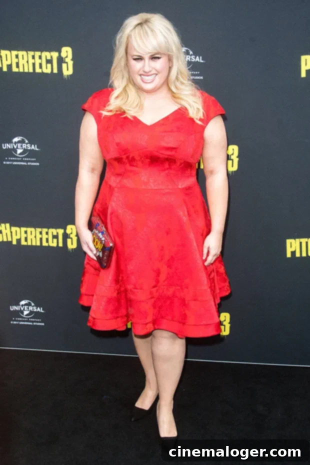 Rebel Wilson in a red dress before her weight loss journey, providing a stark contrast to her current transformation.