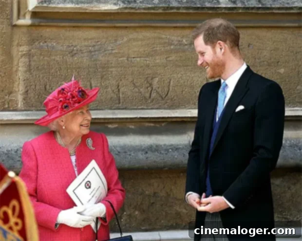 Queen Elizabeth II talks to Prince Harry