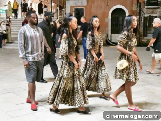 Diddy and his daughters Chance, Jessie James, and D’Lila Star making a stylish entrance in Venice