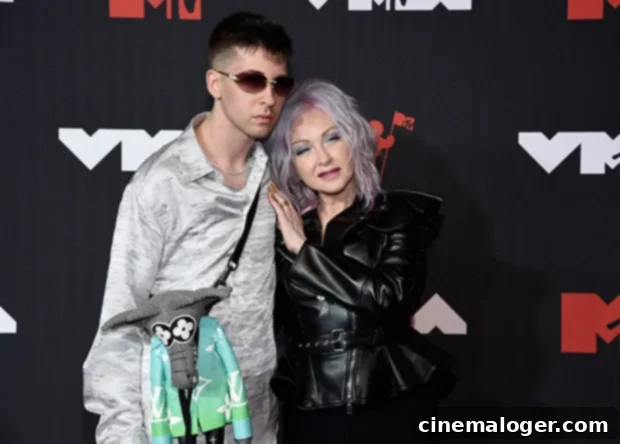 Cyndi Lauper's Son Declyn 23 Joins Her For Rare VMA Red Carpet Appearance 2 Cyndi Lauper and Declyn Lauper on the red carpet at the 2021 MTV VMAs.