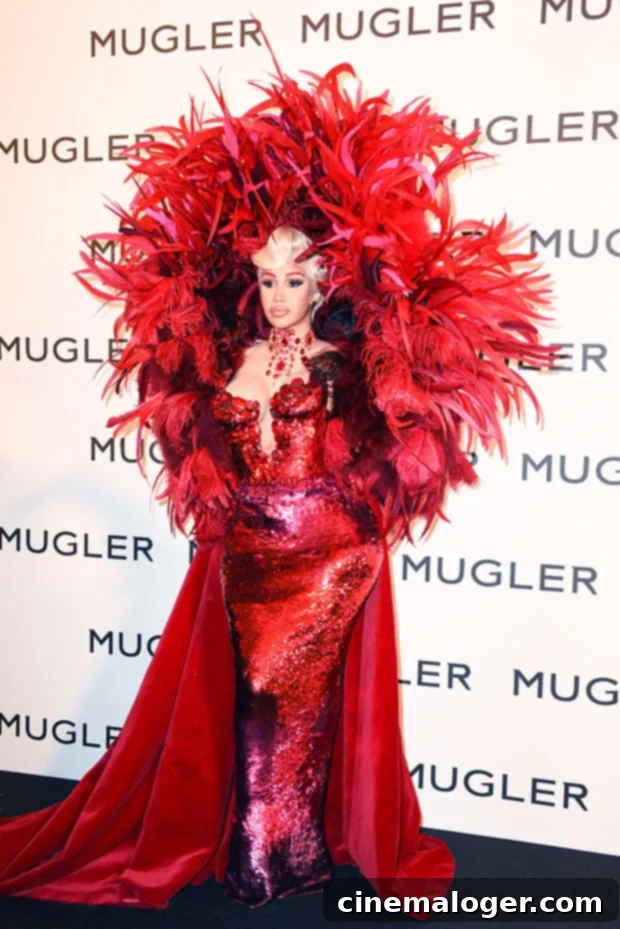 Cardi B stuns in a dramatic red Mugler gown at Paris Fashion Week's Thierry Mugler: Couturissime exhibition.