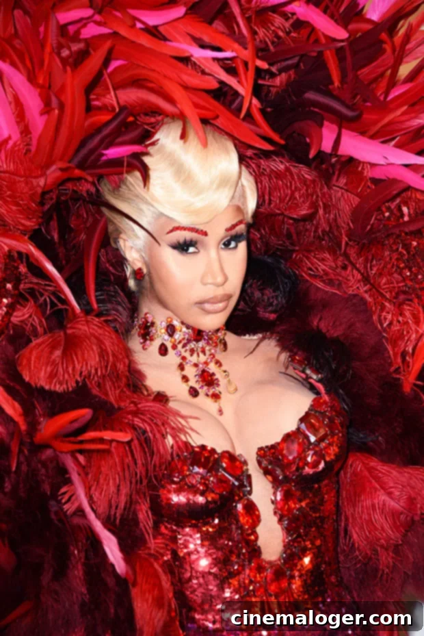 Cardi B showcasing her diverse fashion sense at Paris Fashion Week in a sleek black gown.