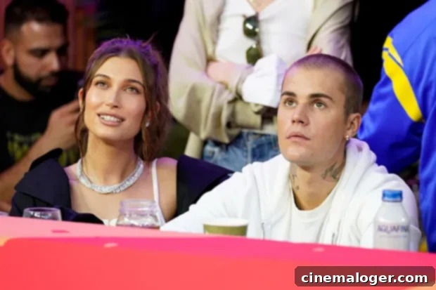 Justin Bieber, right, and his wife, Hailey, watch during halftime of the NFL Super Bowl 56 football game between the Los Angeles Rams and the Cincinnati Bengals, in Inglewood, CalifRams Bengals Super Bowl Football, Inglewood, United States - 13 Feb 2022